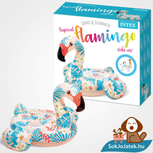 Intex 57559: Trópusi flamingó strand matrac, lovagló kapaszkodóval felfújva és doboza