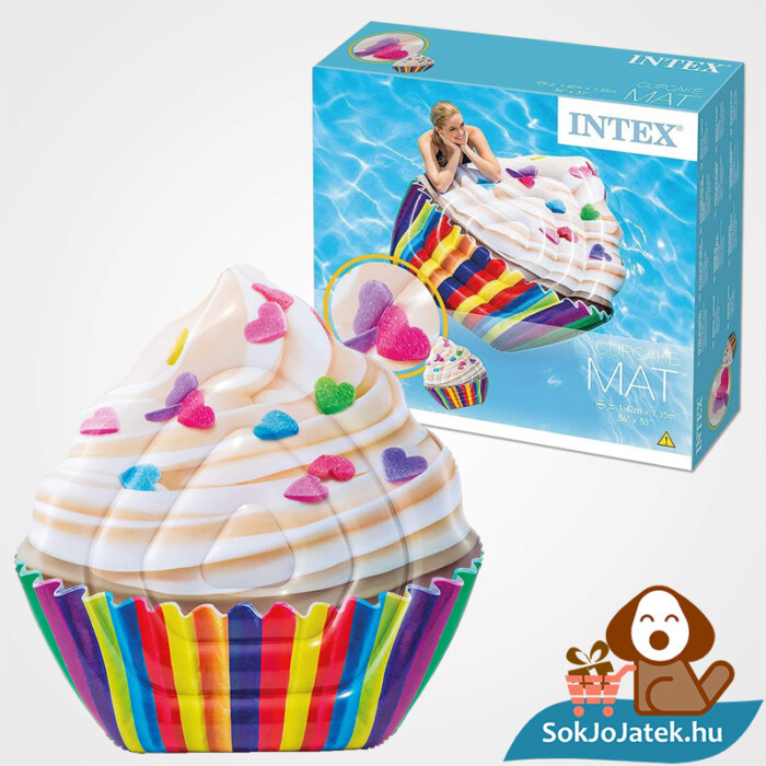 Intex 58770: Muffin formájú felfújható strand matrac doboza és felfújva