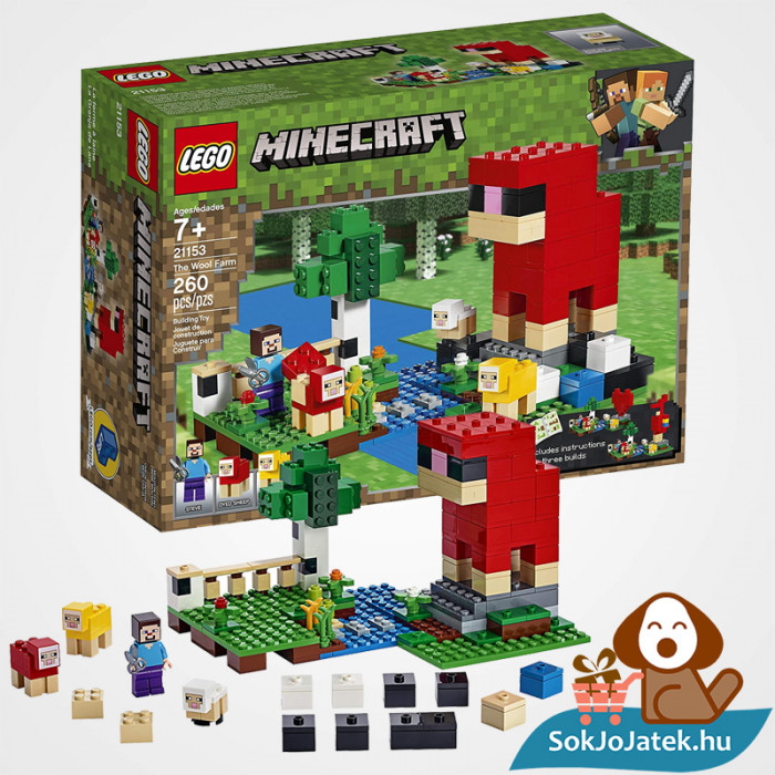 260 darabos Lego Minecraft: gyapjúfarm doboza és összépített elemei