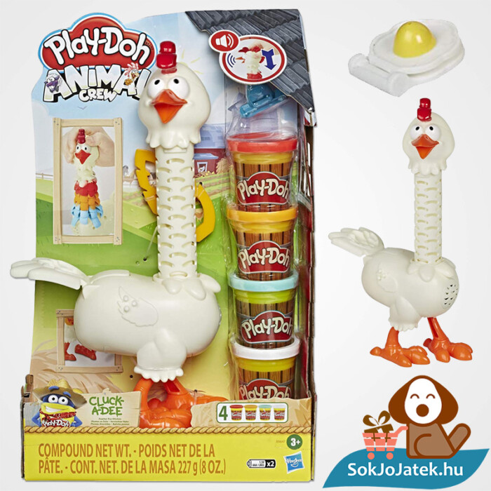 Play-Doh Animal Crew: Cluck a dee - színes csirke gyurma szett doboza és a csirke kibontva