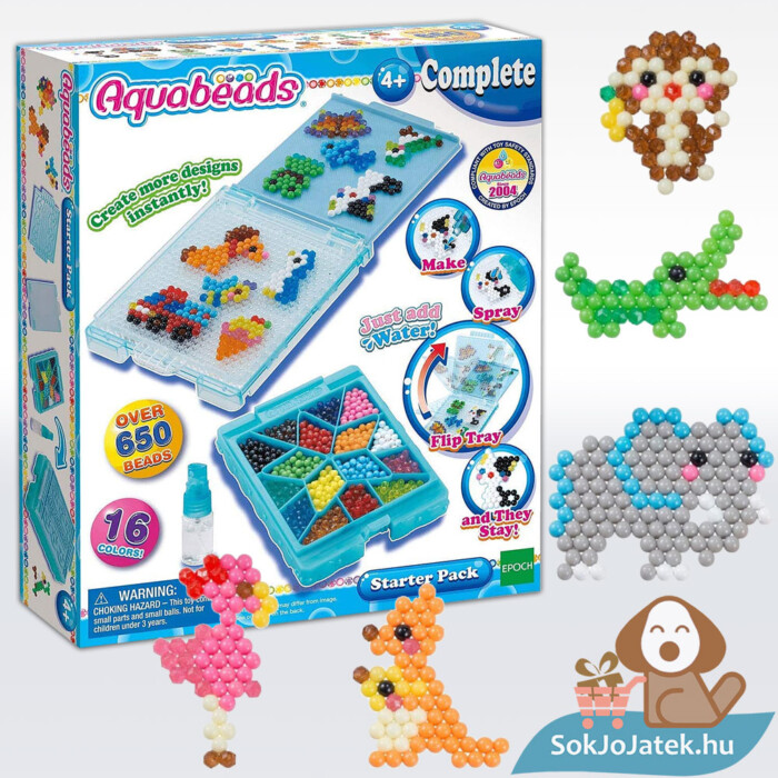 Aquabeads kezdő szett. 650 darabos, 16 féle színes gyöngykészítő játék doboza előről