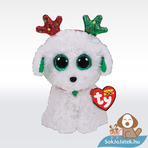 Ty Beanie Boos plüssjáték - Sugar, a nagyszemű hófehér kutyus karácsonyi fejdísszel (15 cm)