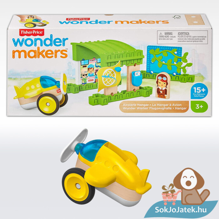 Fisher-Price Wonder Makers repülőgép hangár fajáték doboza és repülője