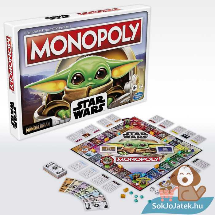 Monopoly Baby Yoda - Star Wars Mandalorian társasjáték doboza és tartozékai