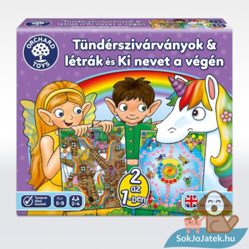 Orchard Toys: Tündérszivárványok & létrák és Ki nevet a végén társasjáték doboza