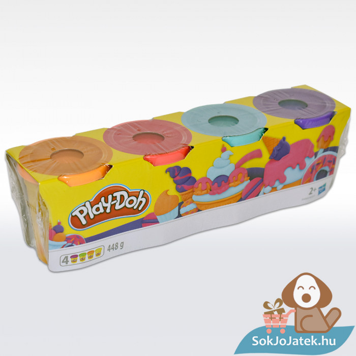 Play Doh: Édes színek 4 darabos gyurma színek (narancs, rózsaszín, világoskék, lila) doboza balról