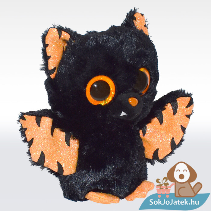 Ty Beanie Boos: Mortimer, a csillogó szemű plüss denevér, fekete-narancssárga (15 cm) balról