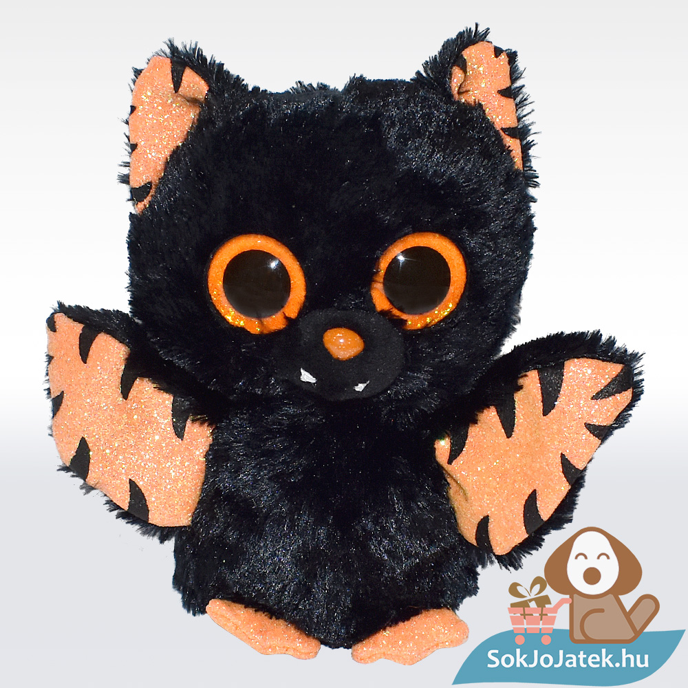 Ty Beanie Boos: Mortimer, a csillogó szemű plüss denevér, fekete-narancssárga (15 cm)