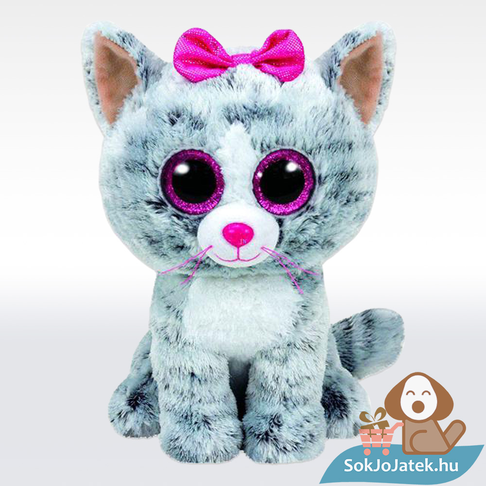 Ty Beanie Boos: Kiki, a csillogó szemű, szürke plüss cica masnival, többféle méretben