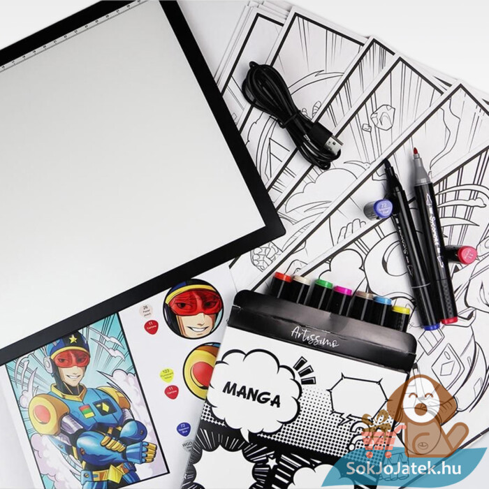 Manga, képregény készítő tartalma, színező, kreatív nagy szett LED táblával, filctollakkal (Sycomore Artissimo)