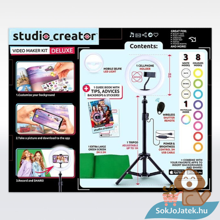Studio Creator: Deluxe influenszer szelfi és videokészítő készlet, LED körfénnyel hátulról