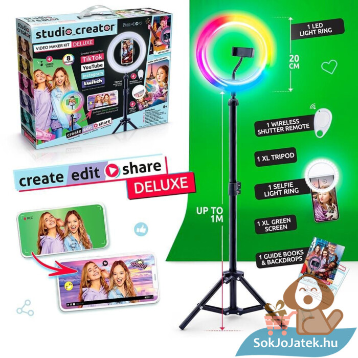 Studio Creator: Deluxe influenszer szelfi és videokészítő készlet tartalma, LED körfénnyel