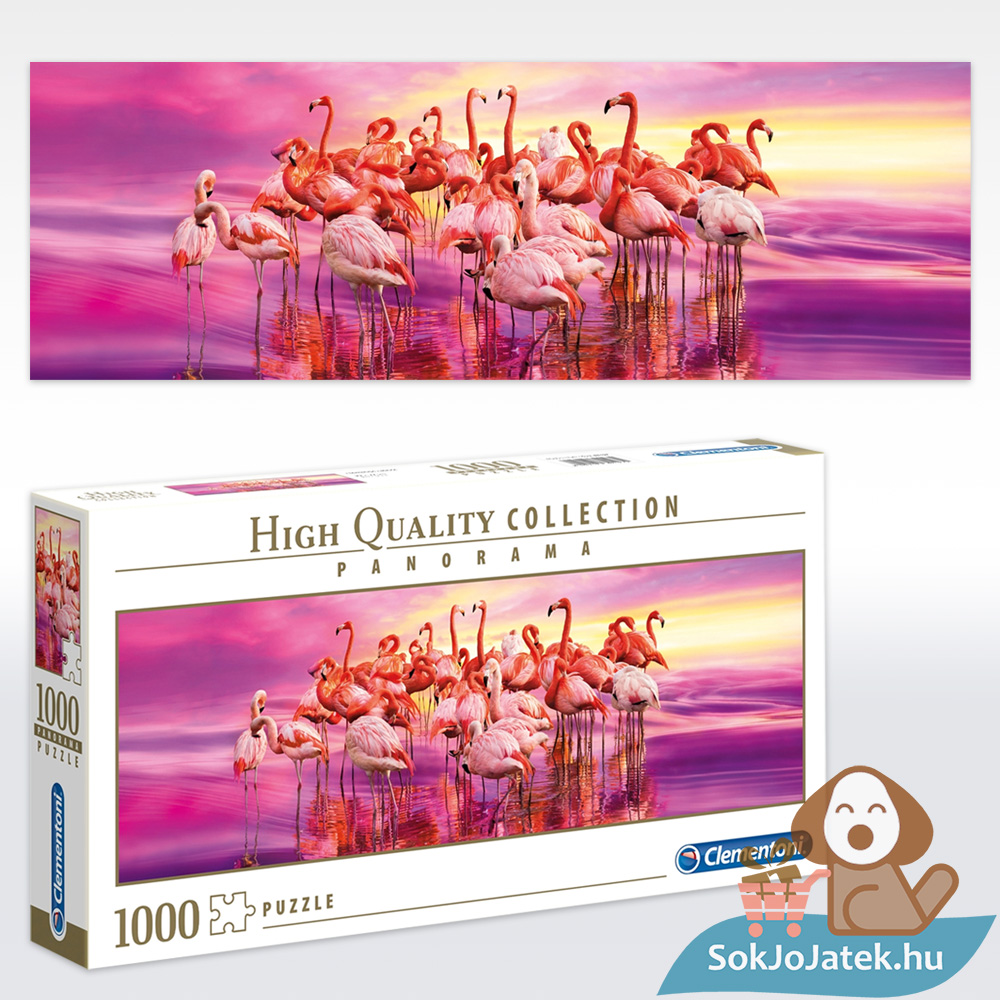 Flamingók tánca panoráma puzzle képe és doboza, 1000 db (Clementoni 39427)