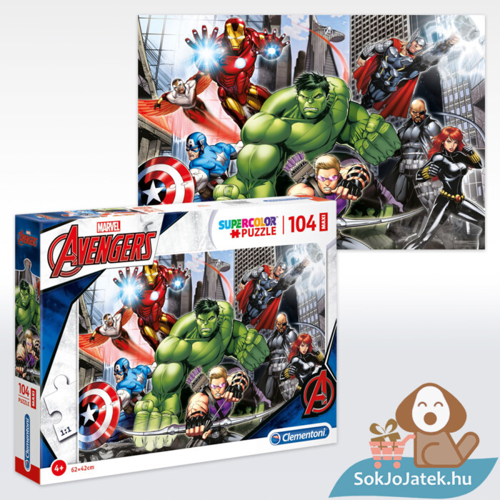 Marvel (Bosszúállók) puzzle kirakott képe és doboza, 104 db (Clementoni SuperColor Maxi 23688)