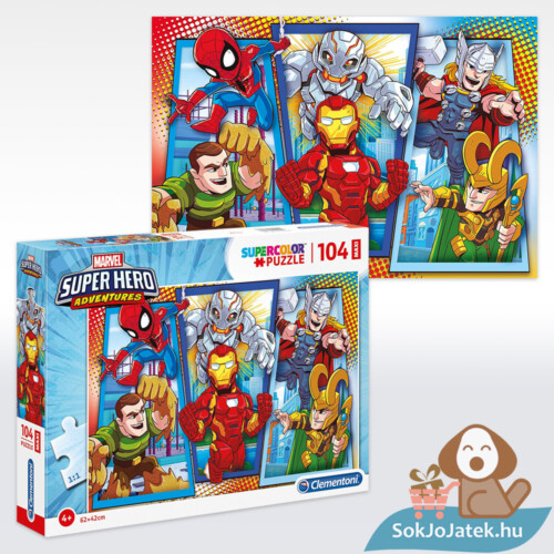 Marvel szuperhősöl (Super Hero Adventures) puzzle képe és doboza, 104 db (Clementoni SuperColor Maxi 23746)