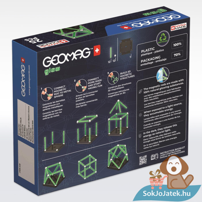 Geomag Glow: Foszforeszkáló mágneses kreatív építőjáték doboza, hátulról (25 db)
