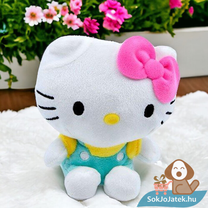 Hello Kitty plüss cica, türkizkék ruhában a szőnyegen (14 cm)
