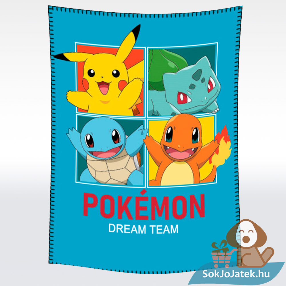 Pokémon: Dream Team; Pikachu, Bulbasaur, Squirtle, Charmander mintás kék színű polár takaró (100×140 cm)