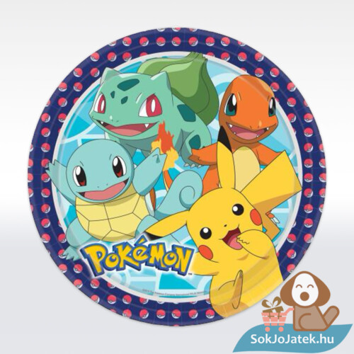 Pokémon: Pikachu, Bulbasaur, Squirtle, Charmander mintás, 8 darabos papírtányér (23 cm)