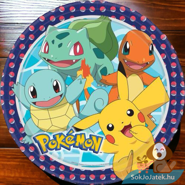 Pokémon: Pikachu, Bulbasaur, Squirtle, Charmander mintás, 8 darabos papírtányér az asztalon (23 cm)
