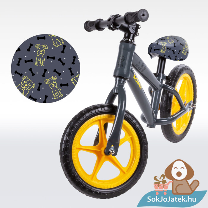 Kutya mintás szürke-sárga színű futóbicikli textúrája 3-4 éveseknek, 35 kg teherbírással (Kidwell MUNDO, Dogs)