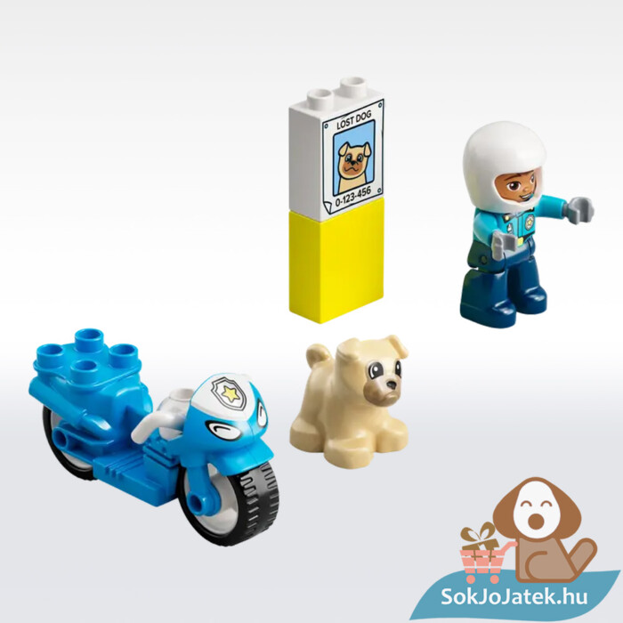 Lego Duplo 10967: Rendőrségi motorkerékpér, rendőr és kiskutya figurával, tartalma