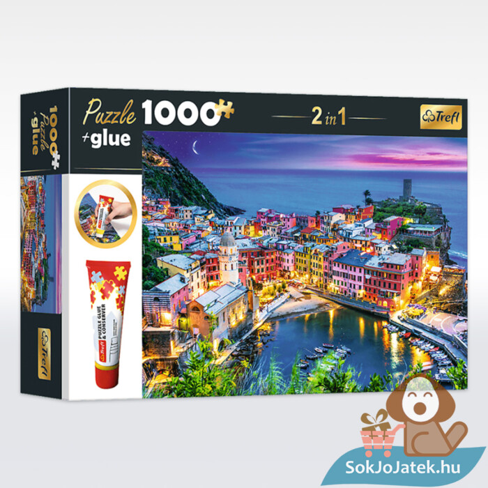 Vernazza, Olaszország: Tengeri kilátás alkonyatkor, 1000 db-os puzzle és puzzle ragasztó doboza (Trefl 10651)