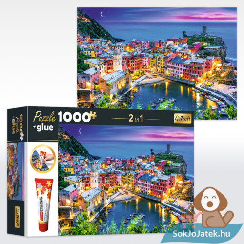 Vernazza, Olaszország: Tengeri kilátás alkonyatkor, 1000 db-os puzzle és puzzle ragasztó (Trefl 10651)