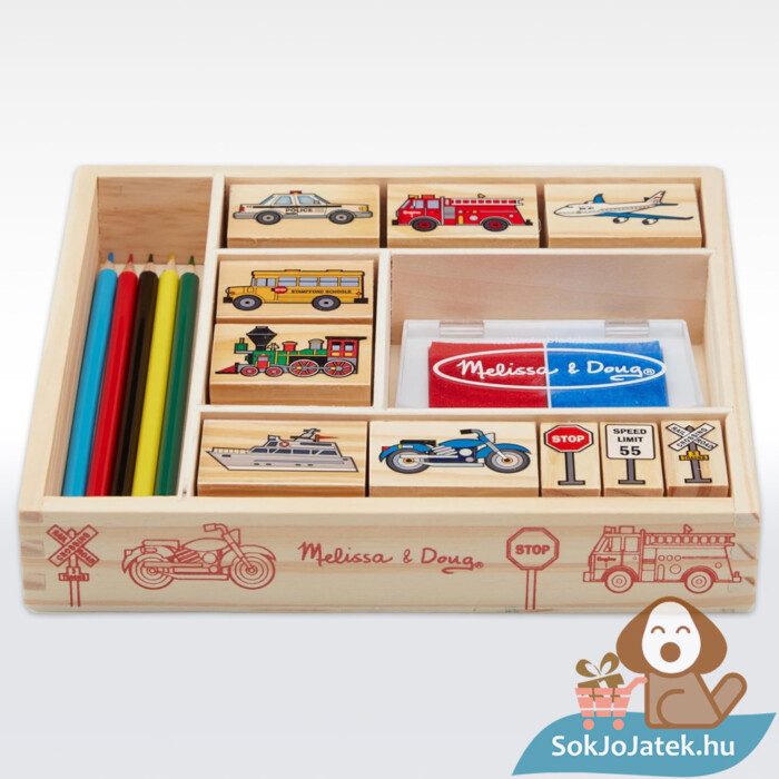 Közlekedés: Kreatív jármű mintás fa nyomdakészlet, ceruzákkal, fektetve (Melissa & Doug)