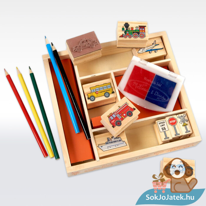 Közlekedés: Kreatív jármű mintás fa nyomdakészlet, ceruzákkal, felülről (Melissa & Doug)