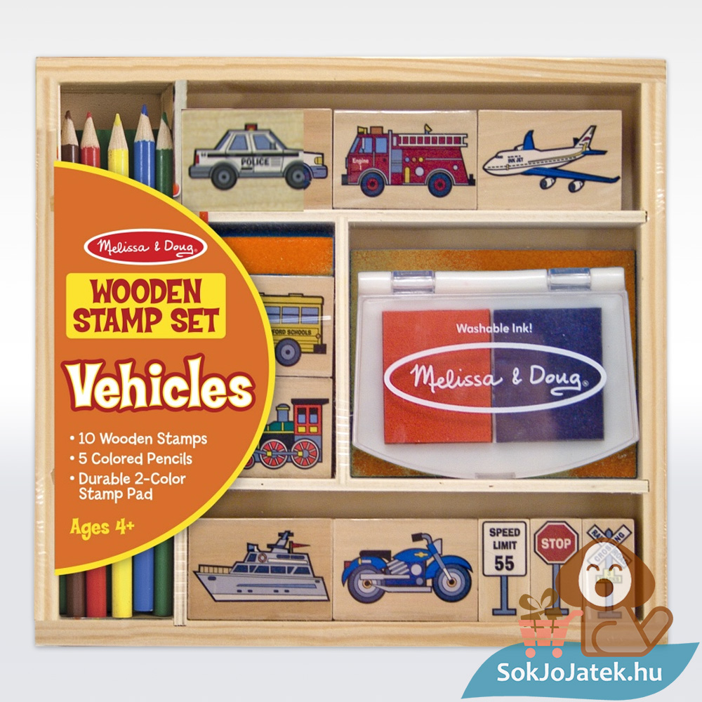 Közlekedés: Kreatív jármű mintás fa nyomdakészlet, ceruzákkal (Melissa & Doug)