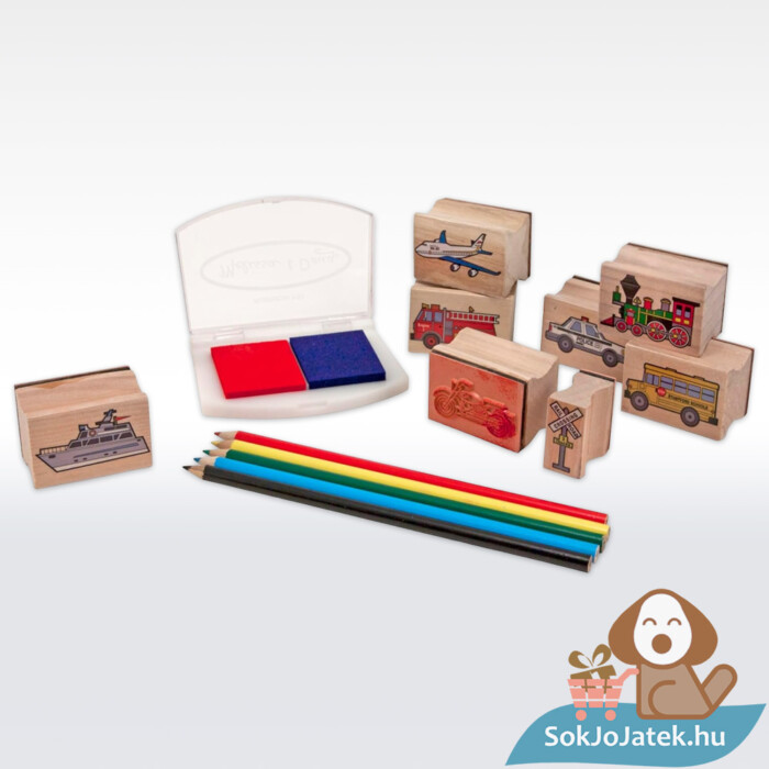 Közlekedés: Kreatív jármű mintás fa nyomdakészlet tartalma, ceruzákkal (Melissa & Doug)