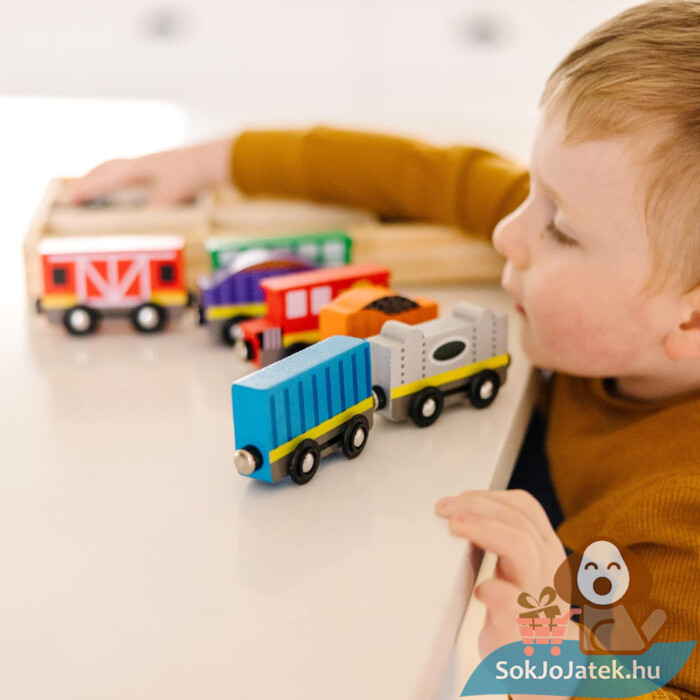 Vonatok és vonatszerelvények, 8 darabos fajáték, játék közben (Melissa & Doug)
