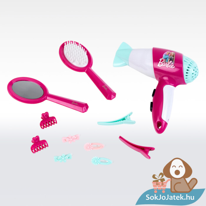 Barbie: Fodrászkészlet szerepjáték elemes hajszárítóval, kiegészítőkkel tartalma (Klein)