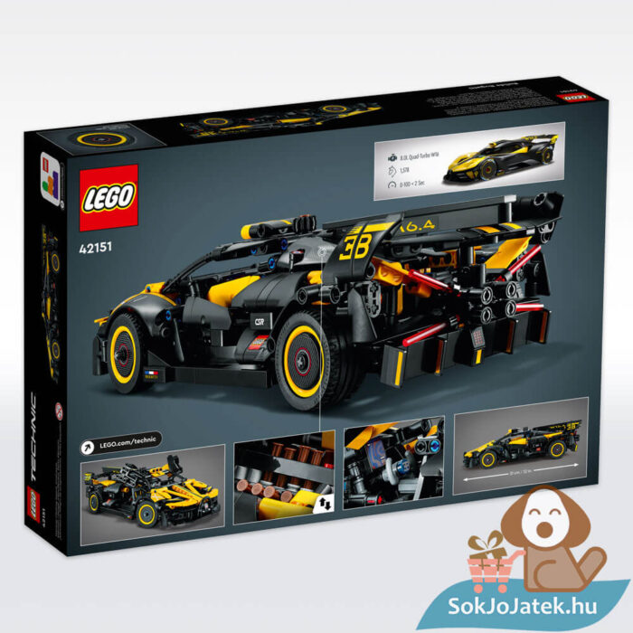 Bugatti Bolide versenyautó doboza hátulról (Lego Technic 42151)