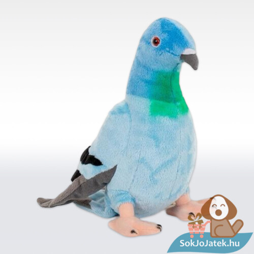 Élethű kék színű plüss galamb, zöld nyakkal (22 cm)