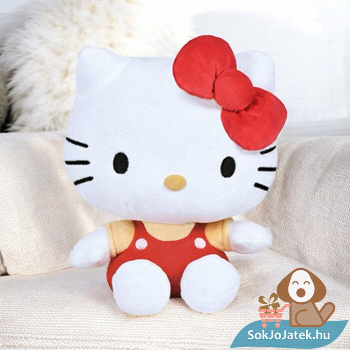 Hello Kitty plüss cica, piros ruhában a kanapén (14 cm)