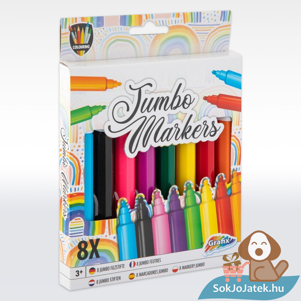 Jumbo, vastag és szögletes 8 db-os színes filctoll készlet (Grafix)