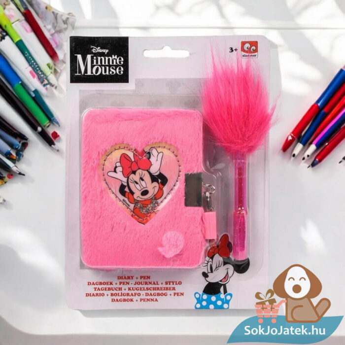 Minnie egér mintás, rózsaszín plüss titkos napló lakattal, pomponos UV tollal az asztalon (Canenco)