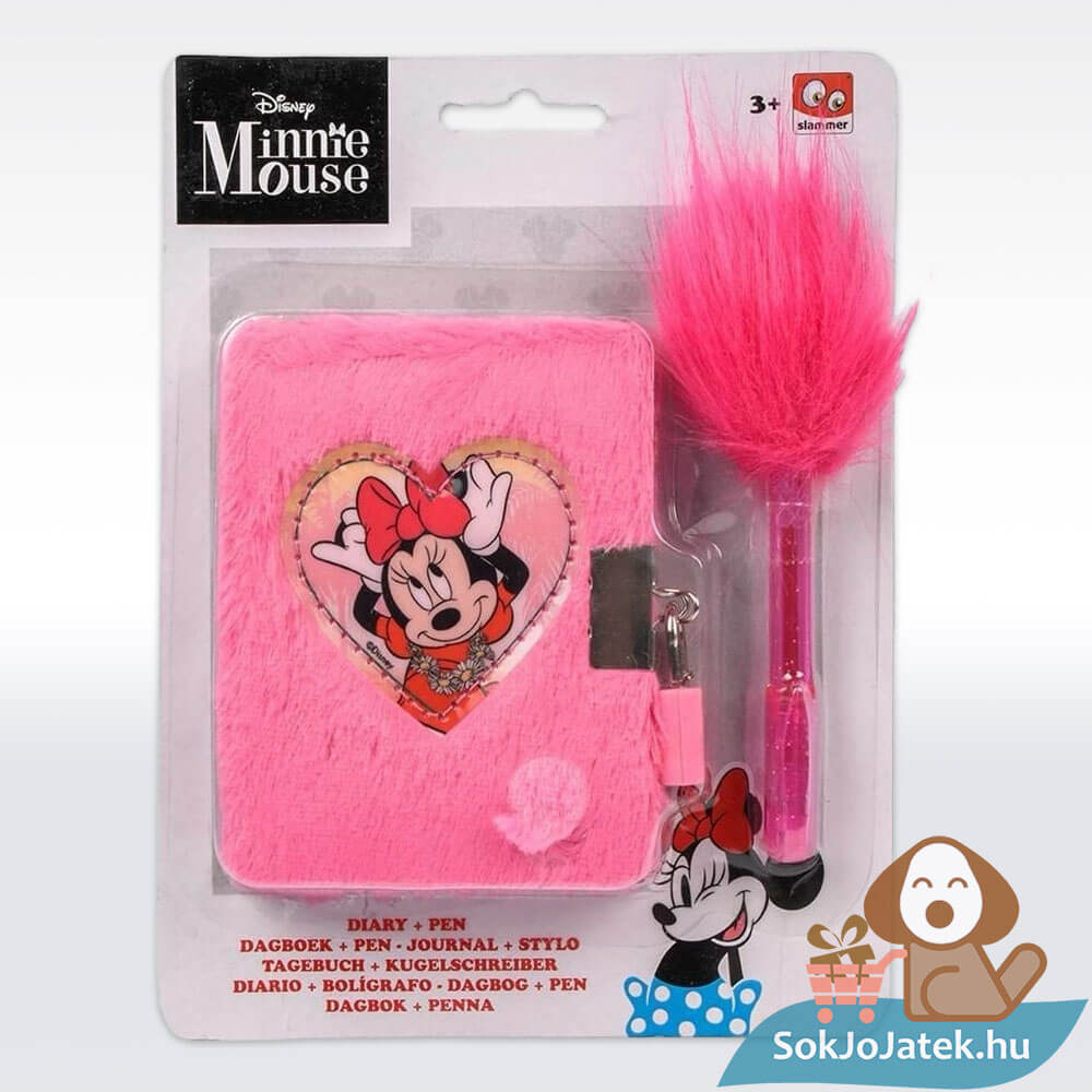 Minnie egér mintás, rózsaszín plüss titkos napló lakattal, pomponos UV tollal (Canenco)