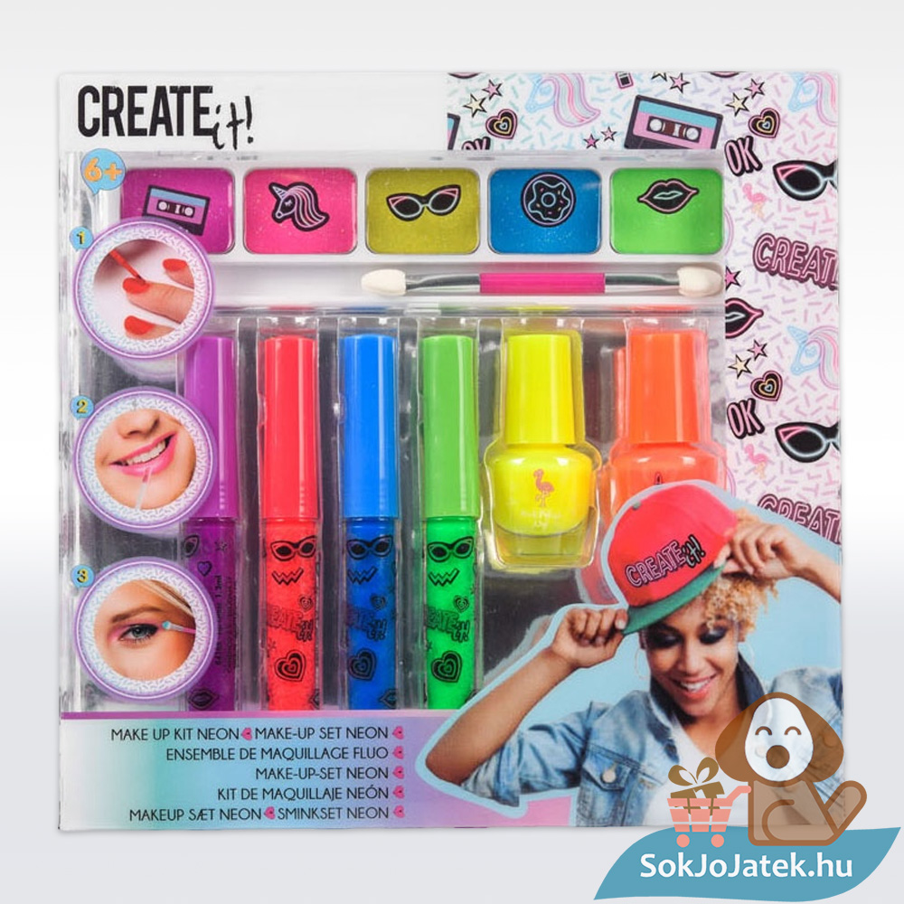 Neon szépség: szájfény, körömlakk, szemhéjpúder smink készlet, 7 db-os (Create it!)