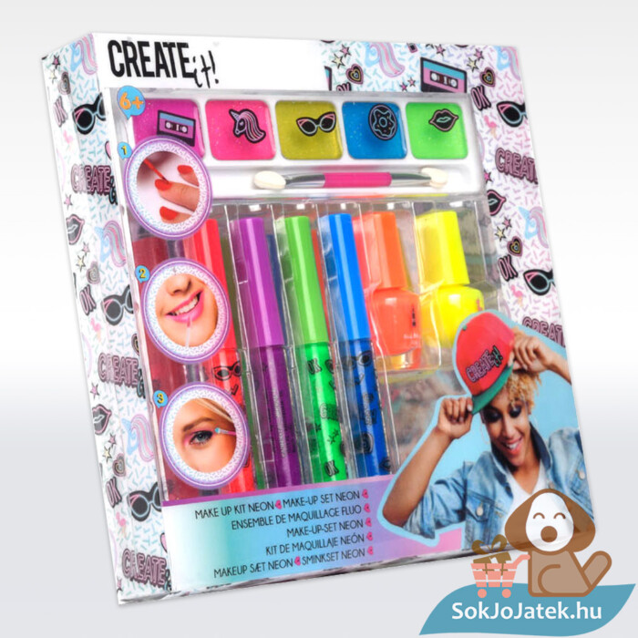 Neon szépség: szájfény, körömlakk, szemhéjpúder smink készlet doboza, balról, 7 db-os (Create it!)