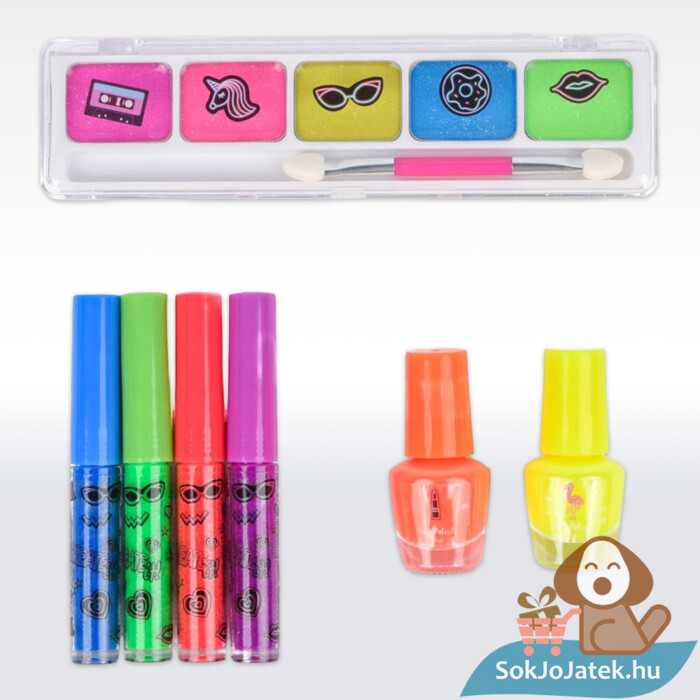 Neon szépség: szájfény, körömlakk, szemhéjpúder smink készlet tartalma, 7 db-os (Create it!)