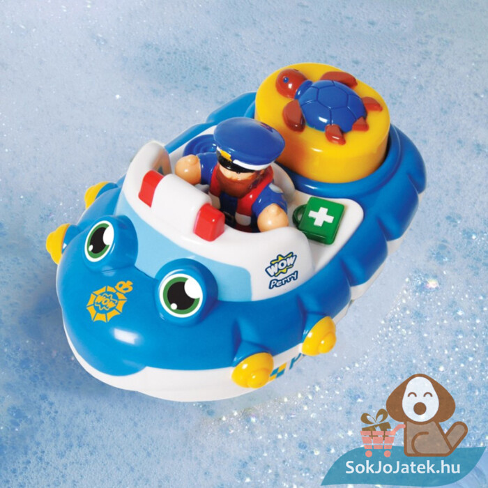 Perry, a rendőr motorcsónak fürdőjáték figurával a vízben (Wow Toys)
