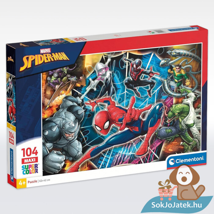 Pókember puzzle: Pókember és ellenfelei doboza, 104 db (Clementoni SuperColor Maxi 23716)