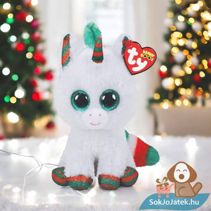 TY Beanie Boos: Snowfall, a fehér karácsonyi csillogó szemű plüss unikornis az asztalon (15 cm)