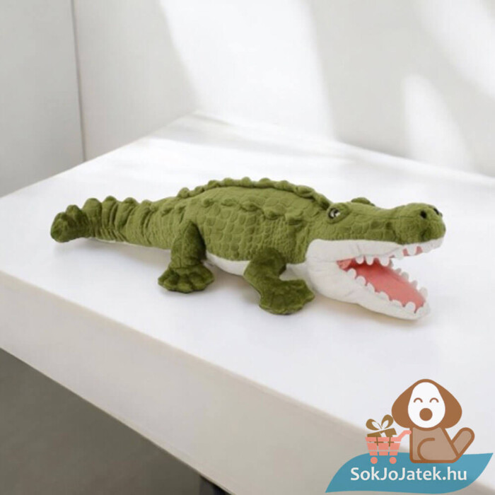 Átölelhető, élethű plüss krokodil nyitott szájjal az asztalon (51 cm)