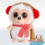 Csillogó szemű fülvédős karácsonyi plüss süni csíkos sálban, 10 cm (Mini Motsu, Keel Toys)