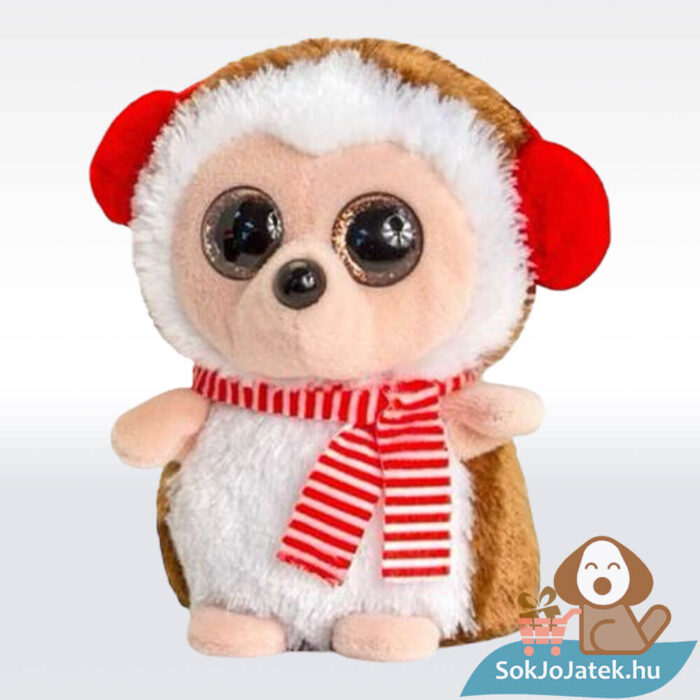 Csillogó szemű fülvédős karácsonyi plüss süni csíkos sálban, 10 cm (Mini Motsu, Keel Toys)