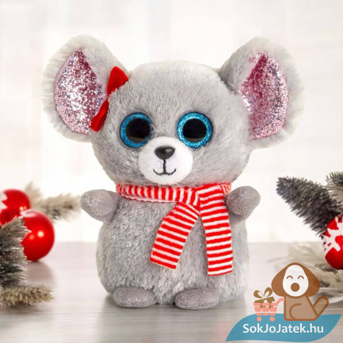 Csillogó szemű karácsonyi plüss egér az asztalon, 10 cm (Mini Motsu, Keel Toys)